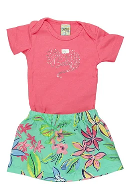 CONJUNTO MENINA BODY ROSA MANGA CURTA BABY  C/ STRASS C/SAIA - TAMANHO P AO G