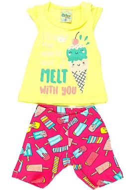 CONJUNTO MENINA BLUSINHA AMARELA COM SHORTS  SILK SORVETE C GLITTER- TAMANHO P AO G