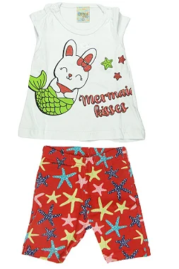 CONJUNTO MENINA BLUSINHA  BRANCA C/ MANGA CURTA  SILK  COELHA SEREIA C/ GLITTER  C/ SHORTS  - TAMANHO P AO G