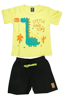 CONJUNTO MENINO CAMISETA AMARELA SILK DE DINOSAURO VERDE  C/ BERMUDA PRETA - TAMANHO 1 AO 8
