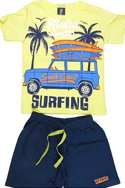 CONJUNTO MENINO CAMISETA AMARELA SILK ALOHA TIME C/ BERMUDA AZUL- TAMANHO 1 AO 8