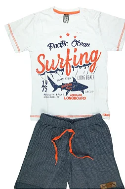 CONJUNTO MENINO CAMISETA BRANCA SILK SURFING SHARK  C/ BERMUDA LISTRA - TAMANHO 1 AO 8