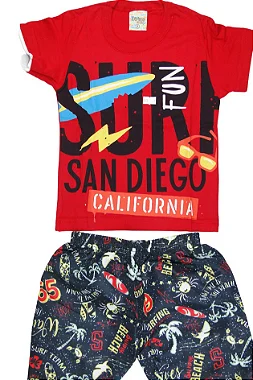 CONJUNTO MENINO CAMISETA VERMELHA C/ SILK SURF FUN C/ BERMUDA ESTAMPA BEACH - TAMANHO 1 AO 8