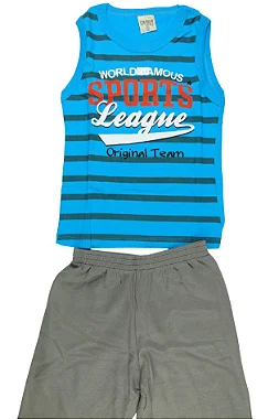 CONJUNTO MENINO CAMISETA REGATA AZUL CLARO C/ SILK SPORTS LEAGUE  C/ BERMUDA CINZA - TAMANHO 1 AO 8