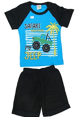 CONJUNTO MENINO CAMISETA AZUL/PRETA C/ SILK SAFARI C/ BERMUDA PRETA