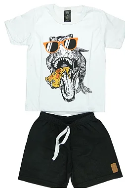 CONJUNTO MENINO CAMISETA BRANCA SILK DE DINOSSAURO REX DE ÓCULOS C/ BERMUDA PRETA - TAMANHO 1 AO 8