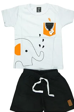 CONJUNTO MENINO CAMISETA BRANCA SILK MONSTER E ELEFANTE C/ BERMUDA PRETA- TAMANHO 1 AO 8