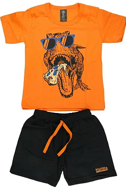 CONJUNTO MENINO CAMISETA LARANJA SILK DE DINOSSAURO REX DE ÓCULOS C/ BERMUDA PRETA - TAMANHO 1 AO 8