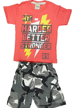 CONJUNTO MENINO CAMISETA SALMÃO C/ SILK NYC HARDER C/ BERMUDA CINZA CAMUFLADA- TAMANHO 1 AO 8