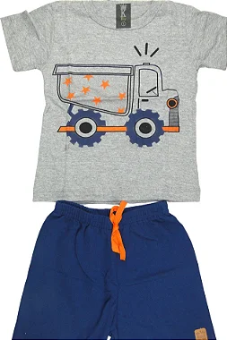 CONJUNTO MENINO CAMISETA CINZA SILK DE CAMINHÃO COM GLITTER C/ BERMUDA AZUL - TAMANHO 1 AO 8