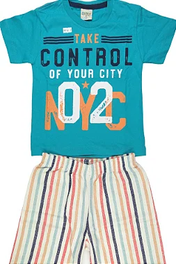 CONJUNTO MENINO VERDE ÀGUA C/ SILK TAKE CONTROL C/ BERMUDA BRANCA C/ LISTRAS- TAMANHO 1 AO 8