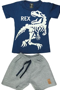 CONJUNTO MENINO CAMISETA AZUL ESCURO SILK DE T-REX BRILHA NO ESCURO  C/ BERMUDA CINZA- TAMANHO 1 AO 8