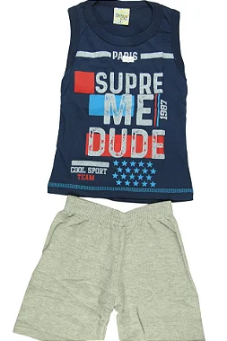 CONJUNTO MENINO CAMISETA REGATA AZUL ESCURO C/ SILK SUPRE ME DUDE C/ BERMUDA CINZA- TAMANHO 1 AO 8