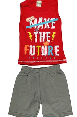 CONJUNTO MENINO CAMISETA REGATA VERMELHA C/ SILK COOL MAKE THE FUTURE C/ BERMUDA CINZA - TAMANHO 1 AO 8