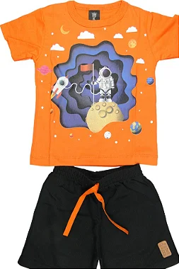 CONJUNTO MENINO CAMISETALARANJA SILK ASTRONALTA C/ BERMUDA PRETA- TAMANHO 1 AO 8