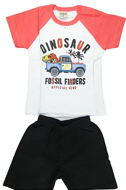 CONJUNTO MENINO CAMISETA BRANCA/SALMÃO C/ SILK CAMINHÃO C/DINOUSAURO  C/ BERMUDA PRETA - TAMANHO 1 AO 8