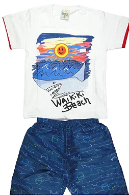 CONJUNTO MENINO CAMISETA BRANCA C/ SILK PRAIA C/ BERMUDA AZUL- TAMANHO 1 AO 8