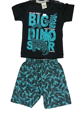 CONJUNTO MENINO CAMISETA PRETA C/ SILK BIG DINO C/ BERMUDA FOLHAS ESCURO  - TAMANHO 1 AO 8