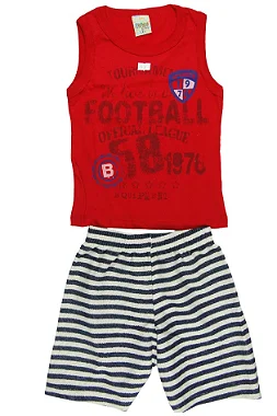 CONJUNTO MENINO CAMISETA REGATA VERMELHA C/ SILK SPORTS  C/ BERMUDA BRANCA COM LISTRAS AZUL- TAMANHO 1 AO 8