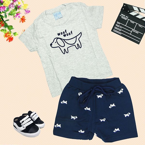 CONJUNTO MENINO WOOF WOFF  SILK DE CACHORRO/ BERMUDA TAMANHO P AO GG