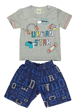 CONJUNTO MENINO CINZA COM SILK URBAN STAR C/ BERMUDA AZUL TAMANHO P AO GG