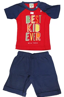 CONJUNTO MENINO AZUL C/VERMELHO COM SILK BEST KID EVER C/ BERMUDA AZUL TAMANHO P AO GG