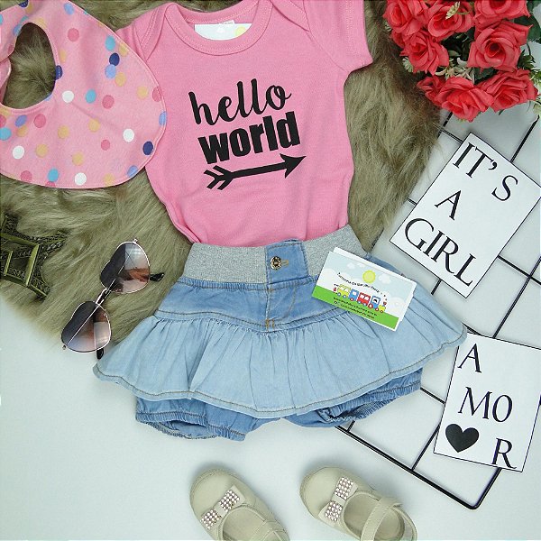CONJUNTO BODY RIBANA ROSA COM SILK HELLO WORLD E BABADOR - TAMANHO P AO GG