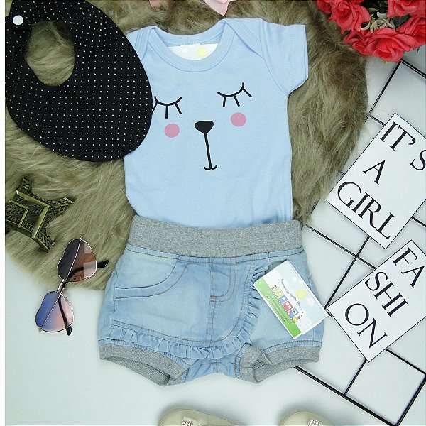 CONJUNTO BODY RIBANA  AZUL COM SILK GATINHA E BABADOR - TAMANHO P AO GG