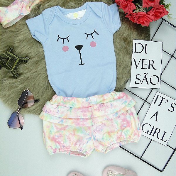 CONJUNTO DE SHORTS TIE DIE ROSA COM TIARA TAMANHO 3 A 12 MESES