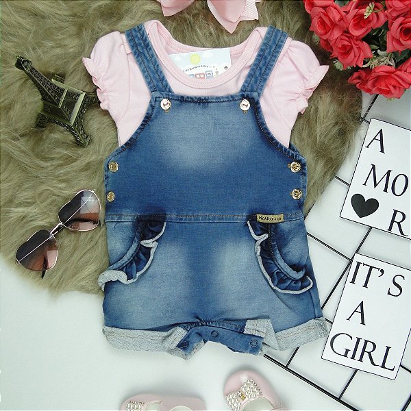 CONJUNTO JARDINEIRA FEM JEANS ANNA 2256  COM BODY  ROSA TAMANHOS P AO 1