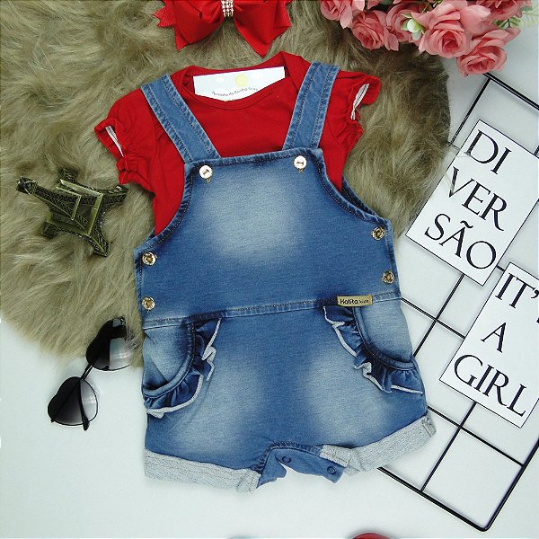 CONJUNTO JARDINEIRA FEM JEANS ANNA 2256  COM BODY VERMELHO TAMANHOS P AO 1