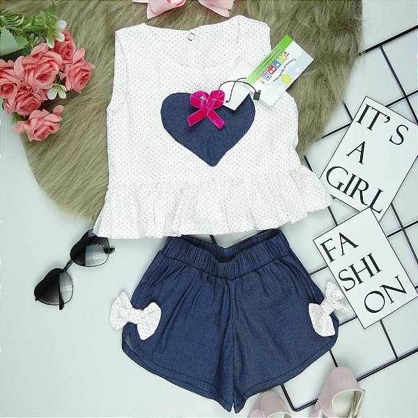 CONJUNTO LIZ - SHORTS E BLUSINHA COM APLIQUE DE LAÇO E CORAÇÃO - TAMANHOS DO P AO 4