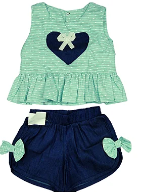 CONJUNTO LIZ - SHORTS E BLUSINHA COM APLIQUE DE LAÇO E CORAÇÃO - TAMANHOS DO P AO 4