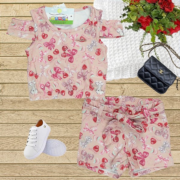 Conjunto Menina shorts e blusinha rosa cerejinha Tamanho 1 ao 8