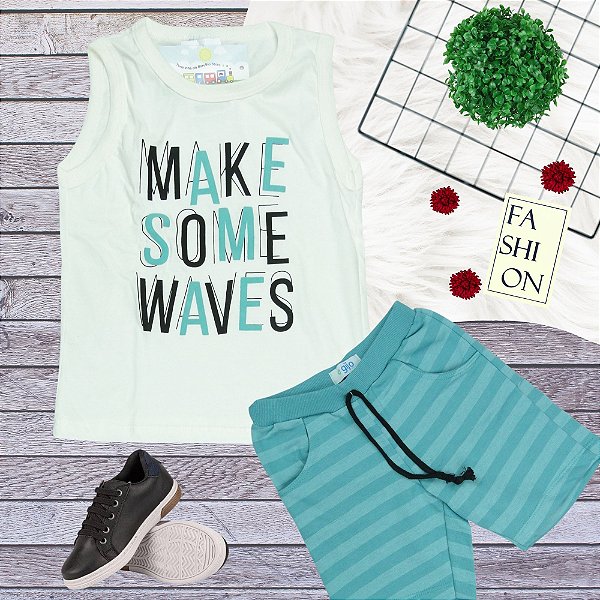 Conjunto Menino Shorts e camiseta regata Make some waves tamanho 01 ao 8