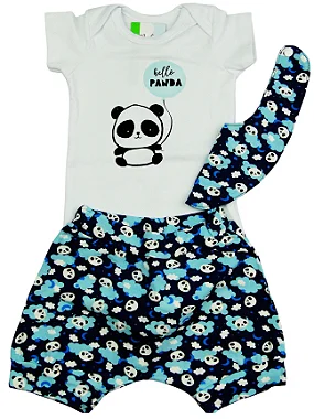TRIJUNTO DE BODY HELLO PANDA COM SHORTS SARUEL E BABADOR TAMANHO P AO 12 MESES