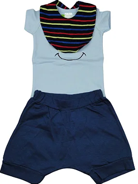 TRIJUNTO DE BODY AZUL COM SILK DE URSO COM SHORTS SARUEL E BABADOR TAMANHO P A 12 MESES