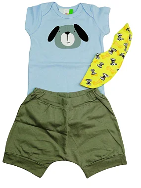 TRIJUNTO DE BODY AZUL COM SILK DE CACHORRO COM SHORTS SARUEL E BABADOR - P A 12 MESES