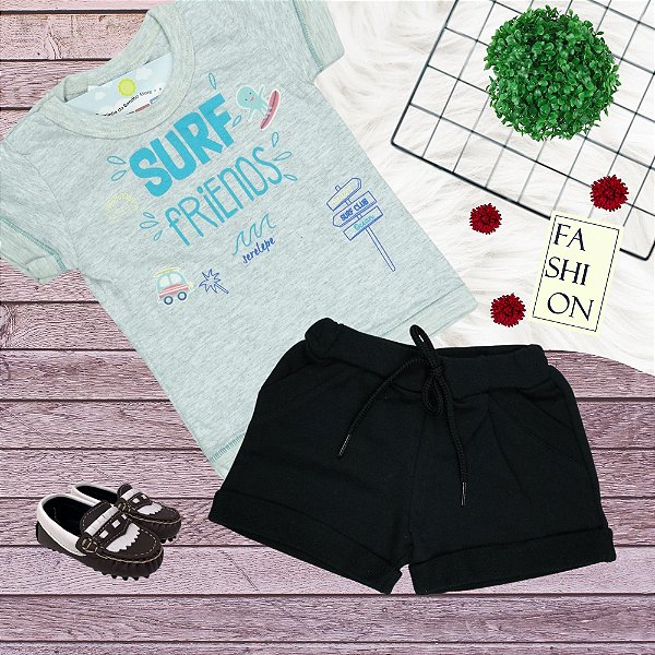 Conjunto Menino Shorts e camiseta Surf Friends - Tamanho P ao GG