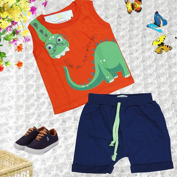 Conjunto Menino Shorts e camiseta dinoussauro - Come on Play with me Tamanho - 0-3 meses