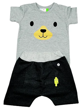 CONJUNTO CAMISETA COM SILK DE URSINHO E SHORTS SARUEL COM DETALHE DE ZIPER FALSO - P AO GG