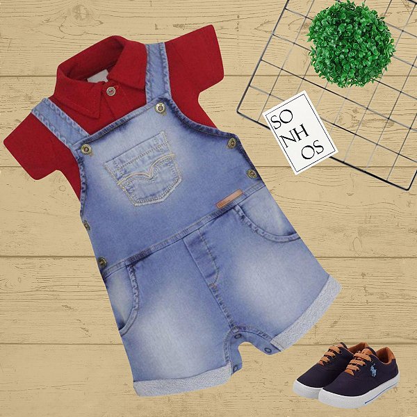 CONJUNTO JARDINEIRA JEANS LÉO   2258 - Tamanho 2-4 meses