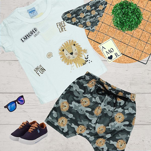 Trijunto Menino shorts , camiseta leão e babador - Tamanho 6-9 meses