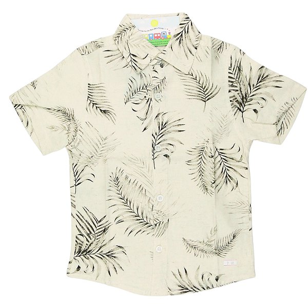 CAMISA MENINO FLORAL DE LINHO FUNDO COR AREIA COM FOLHAGEM MARROM - TAMANHO 2 À 8