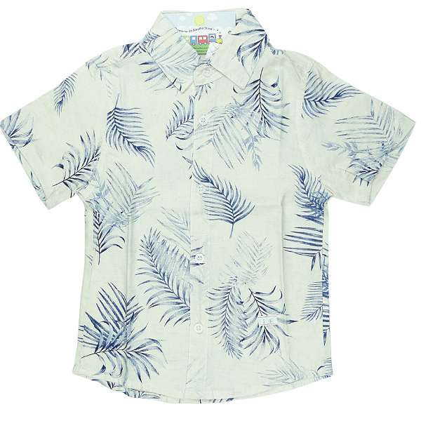 CAMISA MENINO FLORAL DE LINHO FUNDO COR AREIA COM FOLHAGEM AZUL - TAMANHO 2 À 8
