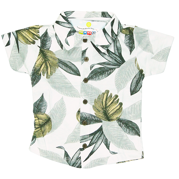 CAMISA MENINO FLORAL DE MALHA COR BRANCA OU PRETA DE FUNDO COM FOLHAS DIVERSAS - TAMANHO 2 À 8