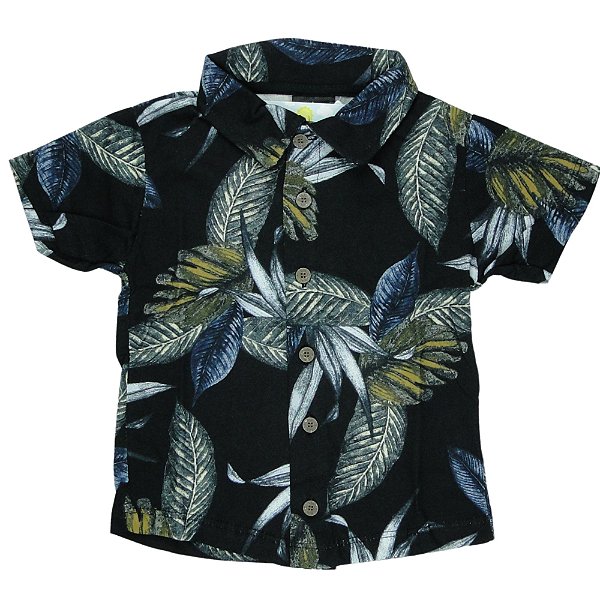 CAMISA MENINO FLORAL DE MALHA COR PRETA DE FUNDO COM FOLHAS DIVERSAS - TAMANHO 2 À 8