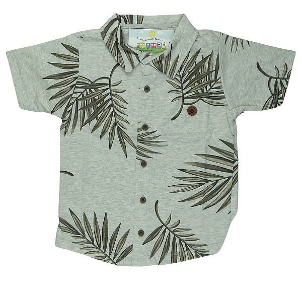CAMISA MENINO FLORAL DE MALHA COR CINZA FUNDO COM FOLHAS DIVERSAS - TAMANHO 2 À 8