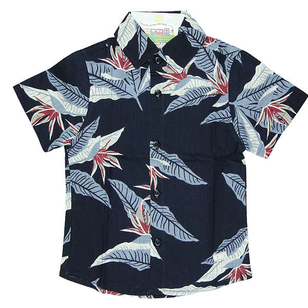 CAMISA MENINO FLORAL DE LINHO  FUNDO AZUL ESCURO COM FOLHAGEM - TAMANHO 2 À 8