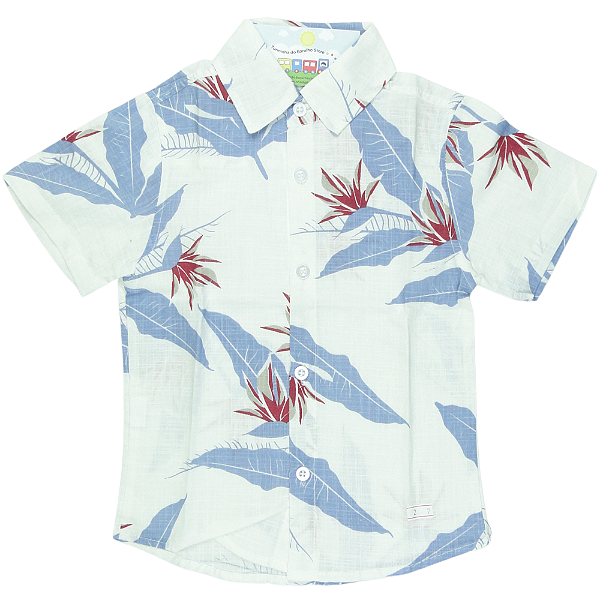 CAMISA MENINO FLORAL DE LINHO  FUNDO BRANCO COM FOLHAGEM -TAMANHO 2 À 8